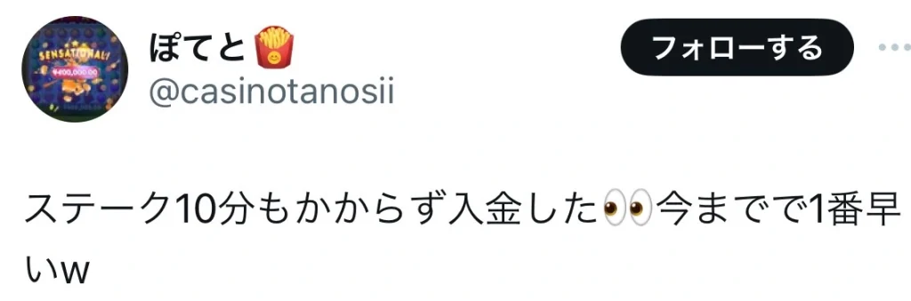 ステークカジノの入金速度に関する口コミ