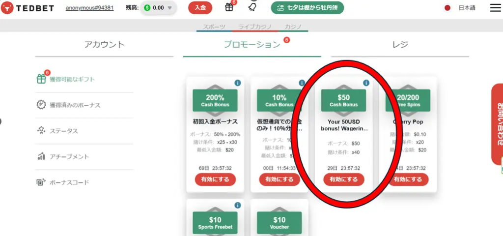 テッドベット(Ted bet)入金不要ボーナスの受け取り方５