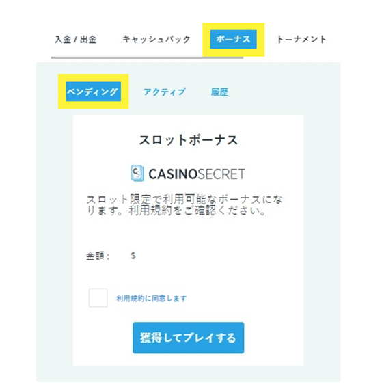 カジノシークレット　ボーナス受取